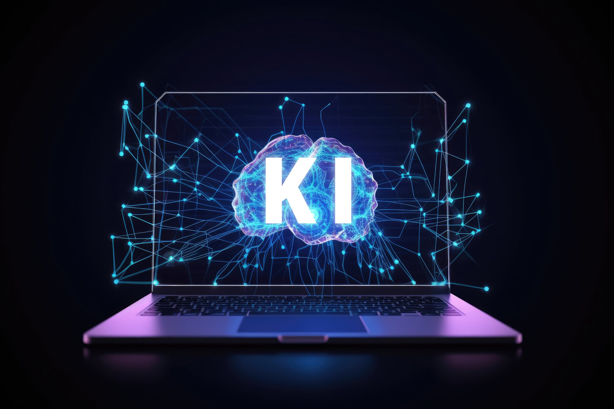 Laptop mit KI Grafik auf dem Bildschirm