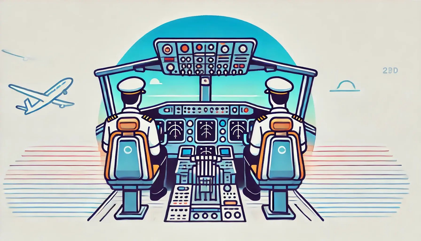 DALL·E 2024-07-15 10.15.21 - A simple 2D vector graphic of an airplane cockpit with two pilots inside. The cockpit features essential flight instruments and controls, with a large