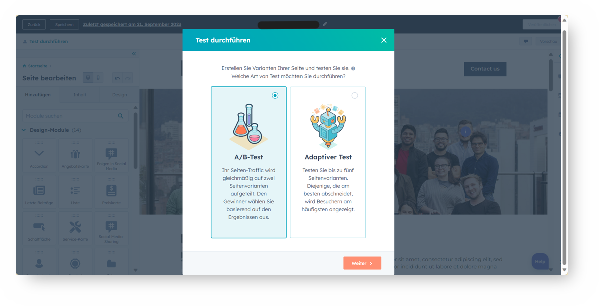 AB Test Interface HubSpot CMS
